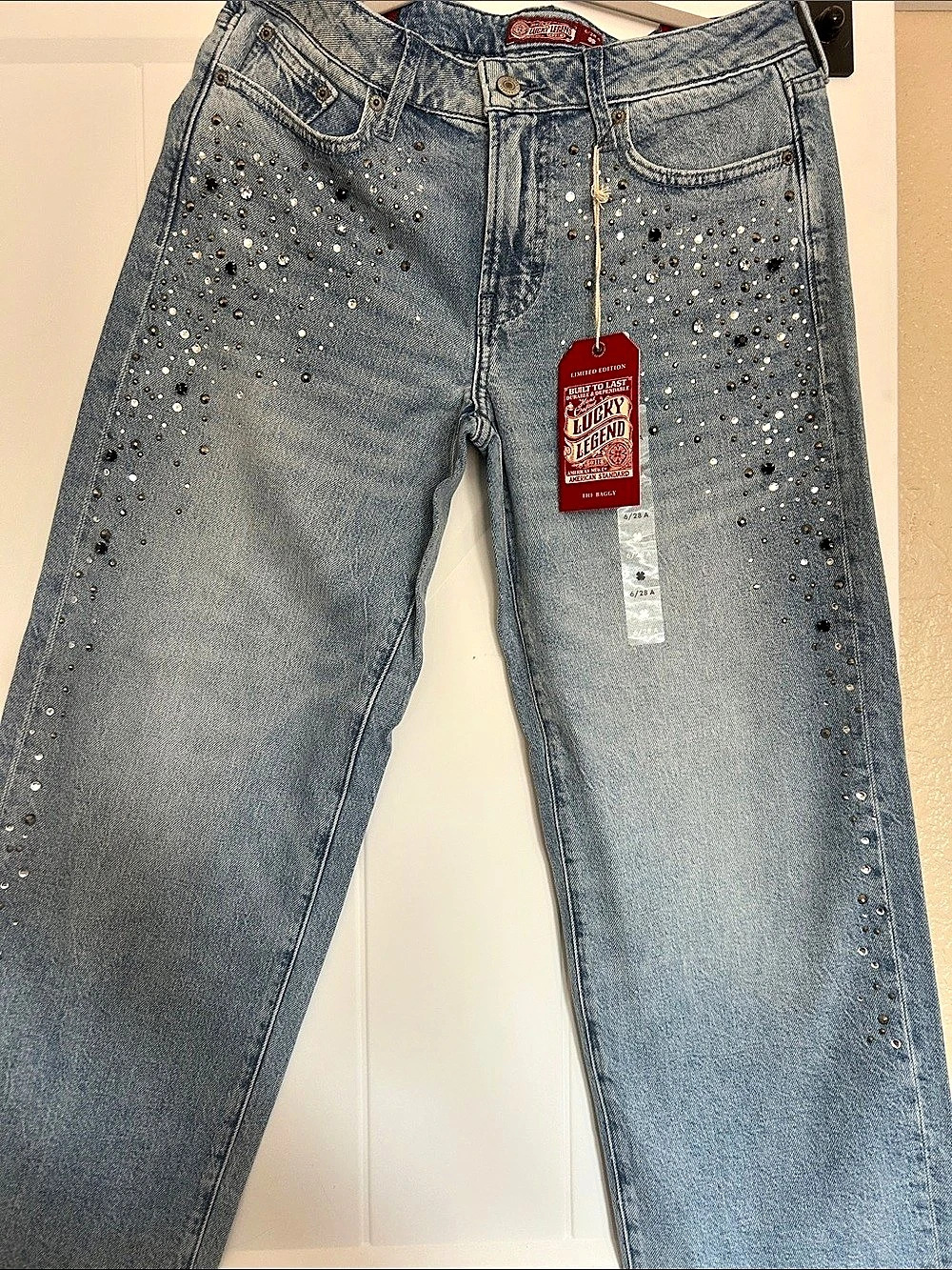 Lucky Brand Lucky Legend The Baggy Rhinestone Jeans Blue Waist 28